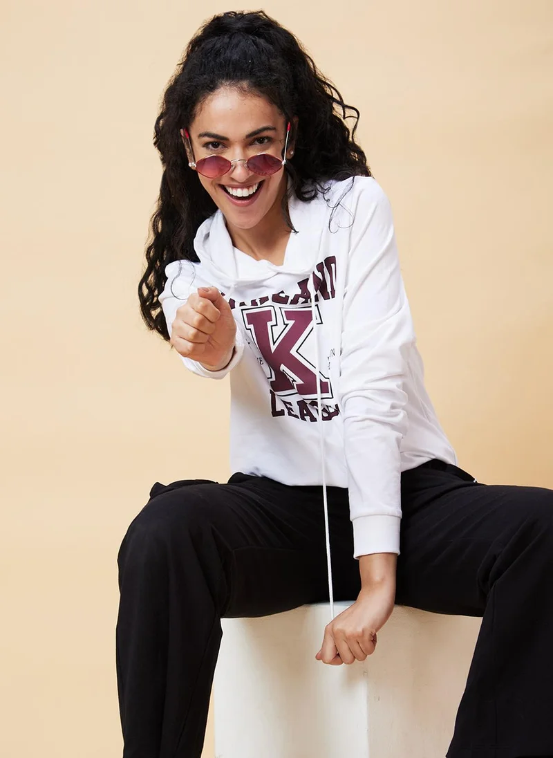 globus Globus Women White Typography Printed Hooded Pure Cotton Pullover